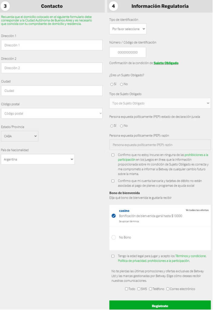 Formulario de registro Betway